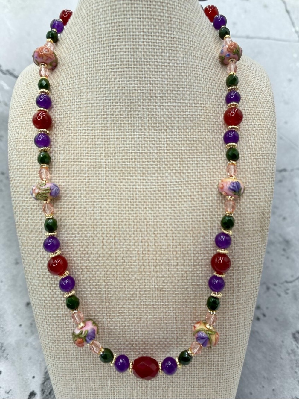 Artisan Handmade Amethyst Carnelian Lampwork Floral Necklace 20” Gold Floral Lux - Picture 3 of 17